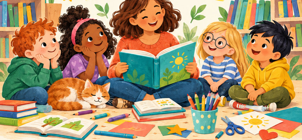 Illustration: Eine Frau liest einer Gruppe Kinder aus einem Bilderbuch vor, um sie herum Bücher, Stifte und Bastelsachen.